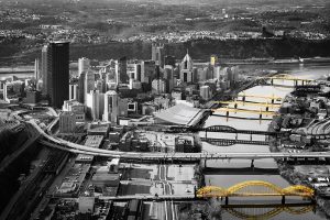 Aerial Photo of Pittsburgh in Black and White Photography with the gold bridges emphasized Golden Aerial Pittsburgh | Black and Gold Fine Art Photography Print
