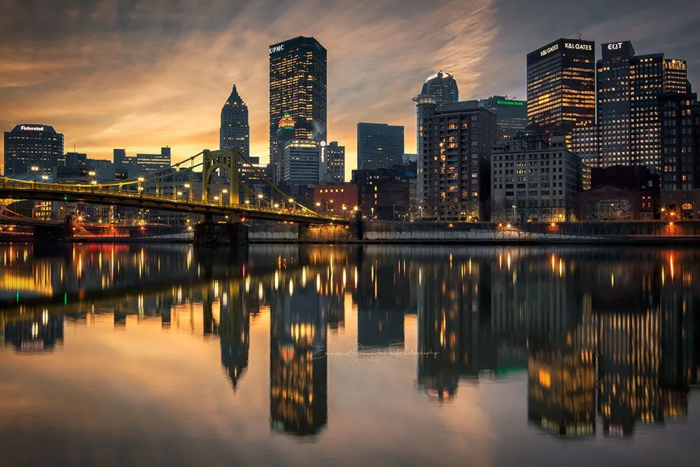 Pittsburgh North Shore Photograph Location -dark and moody image of the city and the Andy Warhol bridge.