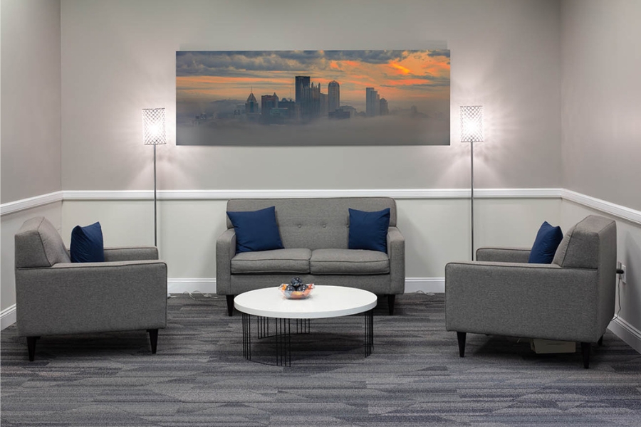 High-Definition Metal Prints of Pittsburgh in a reception area