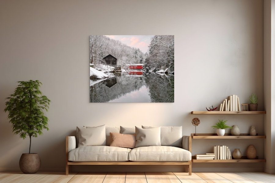 Fine Art Photography Metal Prints of McConnells Mill in winter hanging in a sitting room.