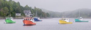 Colorful Fishing Boats in Morning Mist