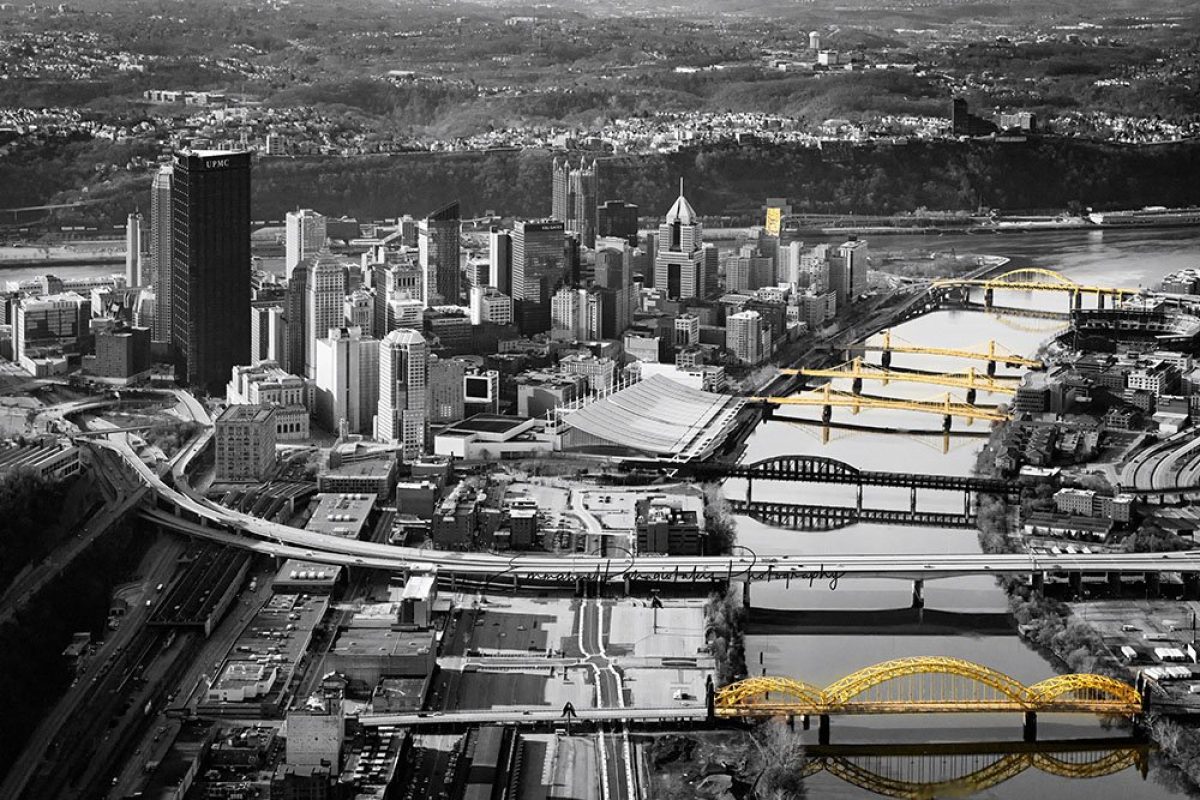 Aerial Photo of Pittsburgh in Black and White Photography with the gold bridges emphasized Golden Aerial Pittsburgh | Black and Gold Fine Art Photography Print